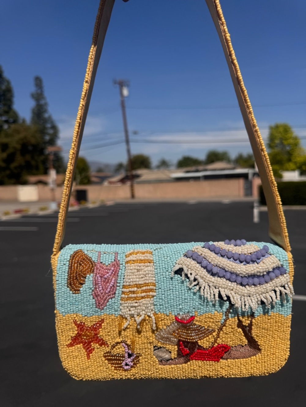 Beaded Beach Scene Crossbody Bag - Light Blue & Yellow